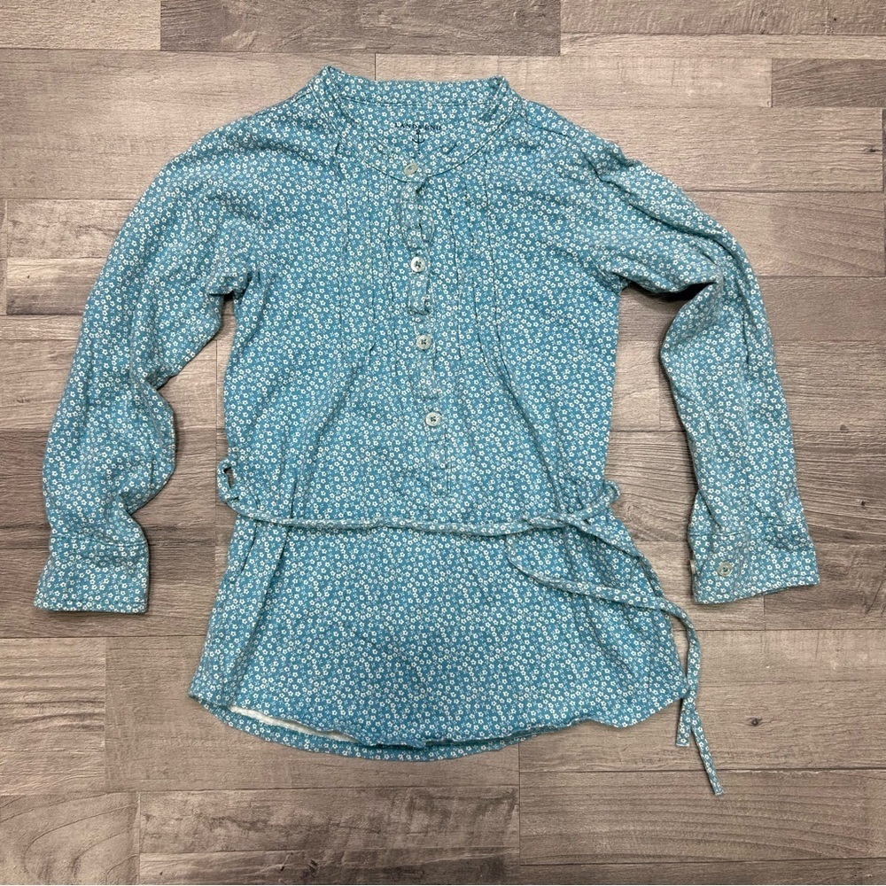 Land Ends Girls Teal Tiny Floral Print Long Sleeve Tunic Top Small